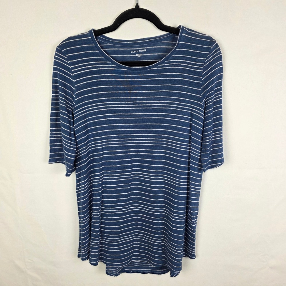 Eileen Fisher Organic Linen Striped Short Sleeve Top Blue White M S18ZIC